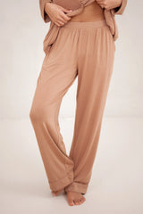 Long-Sleeved Women's Pajama Set in Latte with Latte Trim