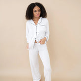 Women's Long Sleeve Pajama Set in Snow with Midnight Trim