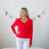 Women's Long Sleeve Henley Tee in Cardinal
