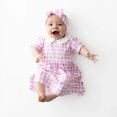 Peter Pan Collar Bodysuit Dress in Gingham Thistle