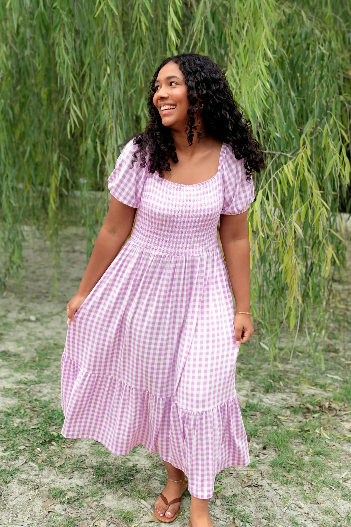 Women’s Smocked Dress in Gingham Thistle