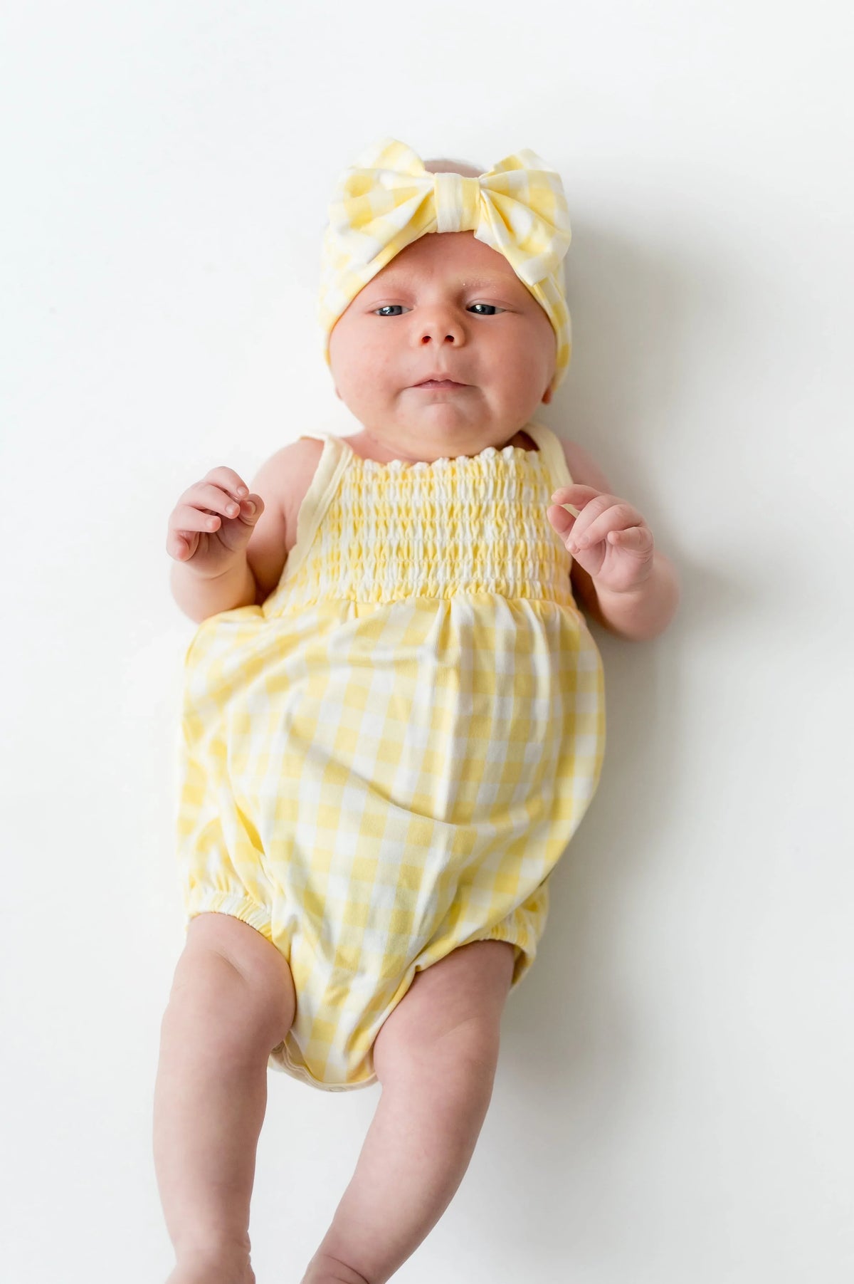 Smocked Bubble Romper in Gingham Chamomile