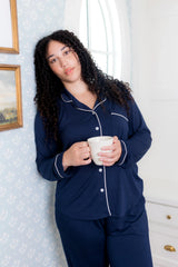 Long-Sleeved Women's Pajama Set in Navy with Cloud Trim